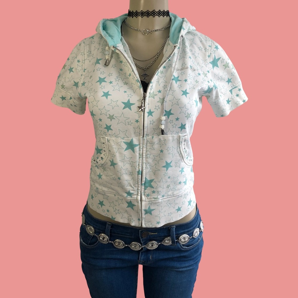 Vintage Y2K Heatherette Star Print Short Sleeve Zip Up Hoodie Womens S/M Aqua